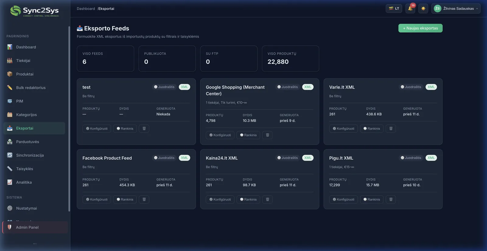Sync2Sys eksporto srautai