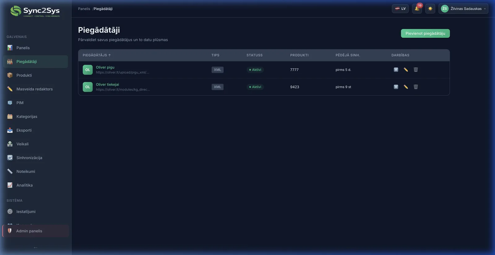 Sync2Sys piegādātāju panelis