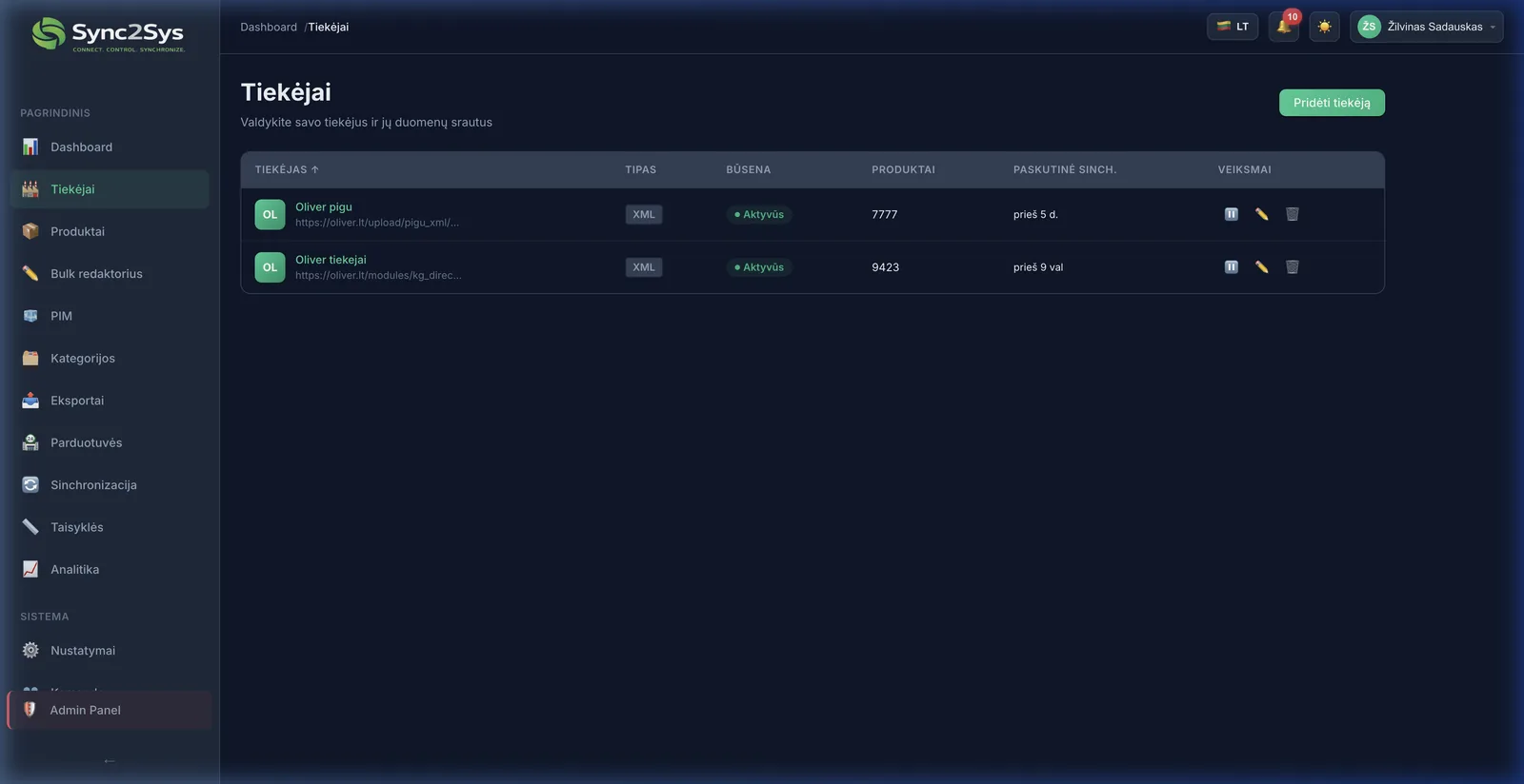 Sync2Sys Tiekėjų valdymo skydelis